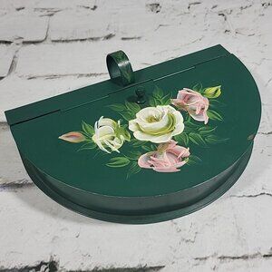 Vintage Toleware Hand Painted Silent Butler Crumb Catcher Green Tin With Roses
